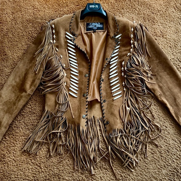 Leather Gallery Jackets & Blazers - Stunning Vintage Suede Western Boho Tribal Festival Fringe Beaded Cropped Jacket
